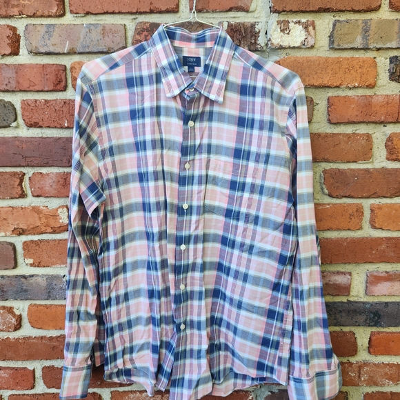 J. Crew Multicolor Plaid Men's Shirt Sz L Button Down Sleeves Small Hole See Pic - Picture 1 of 7